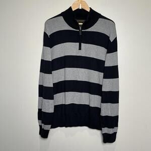 Sebastian Cooper Mens Size 2XL ‎ 1/4 Zip Sweater Navy Gray Stripe Cashmere Blend